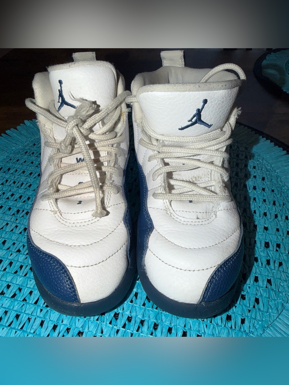 Jordan 12 Retro Kids White and Navy High-Top Sneakers